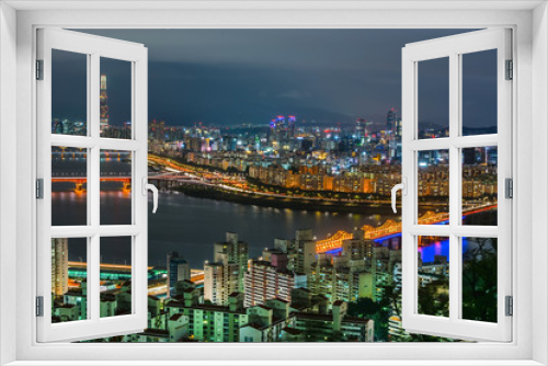 Fototapeta Naklejka Na Ścianę Okno 3D - Morning Skyline Lotte World mall on the Han River Ganges In South Korea  ทวีปเอเชียทวีปเอเซียเอเชียความเป็นมาฉากหลังปูมหลังพื้นหลังภาพพื้นเดิมพื้นเพเดิมภูมิหลังรกรากเดิมหัวนอนปลายตีนเบื้องหน้าเบื้องหล