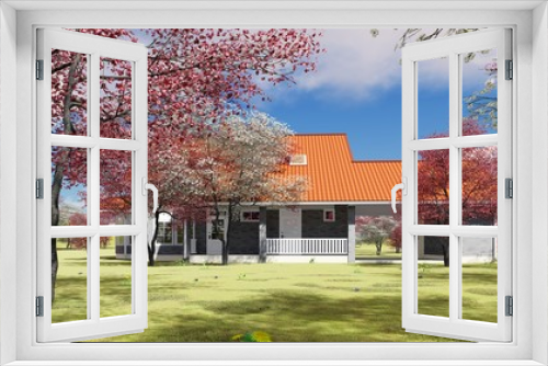 Fototapeta Naklejka Na Ścianę Okno 3D - summer cottage in the spring garden 3d rendering