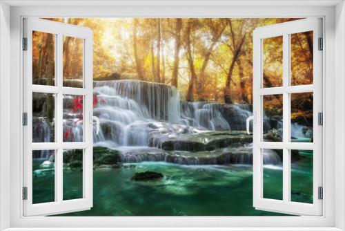 Fototapeta Naklejka Na Ścianę Okno 3D - Huay Mae Kamin Waterfall, beautiful waterfall in autumn forest, Kanchanaburi province, Thailand