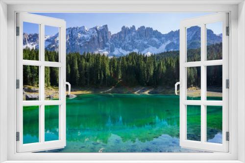 Fototapeta Naklejka Na Ścianę Okno 3D - Beautiful view alpine lake with mountains in the Dolomites in South Tyrol, Italy.  Lago di Carezza, Karersee.
