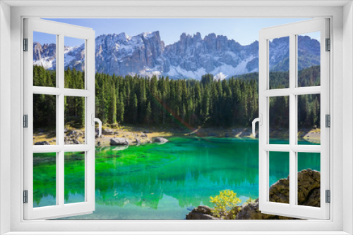Fototapeta Naklejka Na Ścianę Okno 3D - Beautiful view alpine lake with mountains in the Dolomites in South Tyrol, Italy.  Lago di Carezza, Karersee.