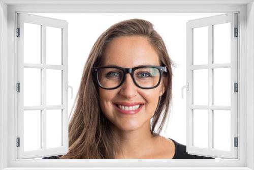 Blonde woman with glasses with a beautiful smile blue eyes and glasses on white background