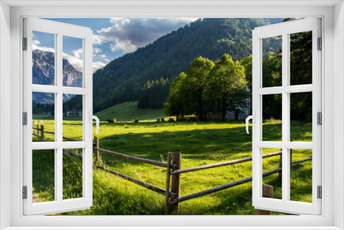 Fototapeta Naklejka Na Ścianę Okno 3D - A pasture with beautiful views on the Alps.