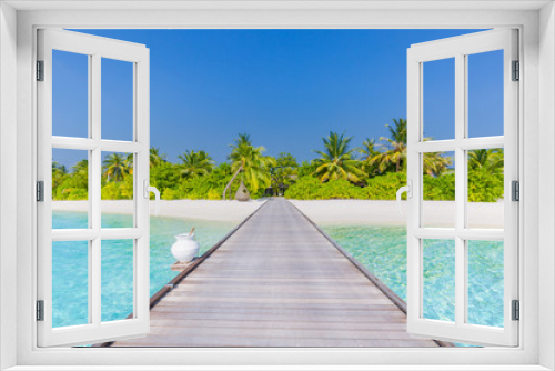 Fototapeta Naklejka Na Ścianę Okno 3D - Maldives paradise beach. Perfect tropical island. Beautiful palm trees and tropical beach. Moody blue sky and blue lagoon. Luxury travel summer holiday background concept.