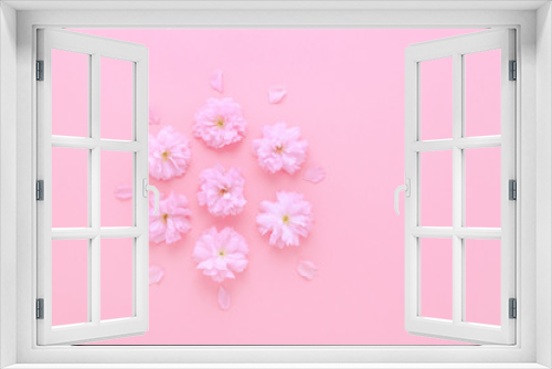 Fototapeta Naklejka Na Ścianę Okno 3D - flat lay pink background with sakura fresh flowers