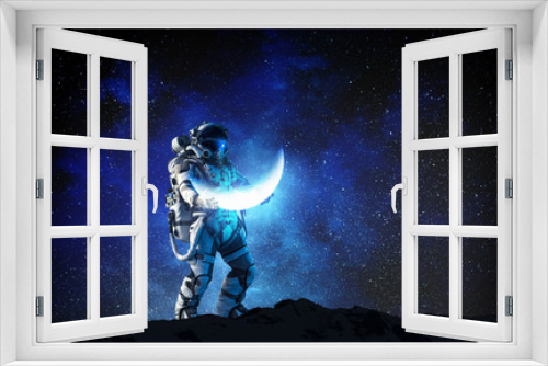 Fototapeta Naklejka Na Ścianę Okno 3D - Spaceman carrying his mission. Mixed media
