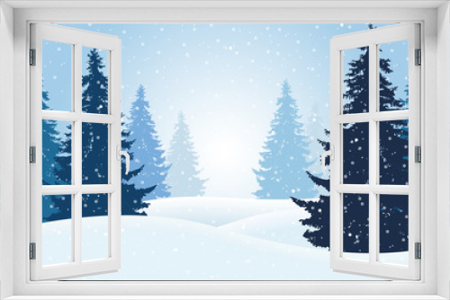 Fototapeta Naklejka Na Ścianę Okno 3D - Vector illustration of winter forest with snow and mist, suitable as Christmas card