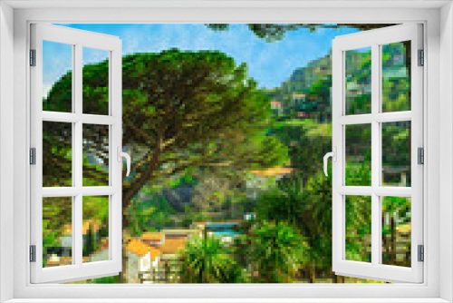 Fototapeta Naklejka Na Ścianę Okno 3D - Picture postcard with terrace with flowers and trees in the garden Villas Rufolo in Ravello. Amalfi Coast Campania Italy
