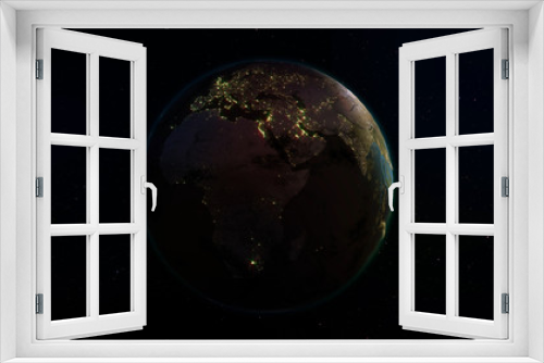 Fototapeta Naklejka Na Ścianę Okno 3D - 3D rendering Earth from space against the background of the starry sky. Shadow and illuminated side of the planet with cities