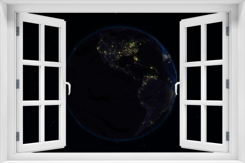 Fototapeta Naklejka Na Ścianę Okno 3D - 3D rendering Earth from space against the background of the starry sky. Shadow and illuminated side of the planet with cities