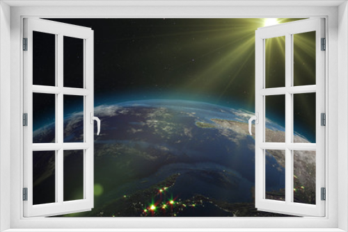 Fototapeta Naklejka Na Ścianę Okno 3D - 3D rendering Earth from space against the background of the starry sky and the Sun. Shadow and illuminated side of the planet with cities. Through the atmosphere of the planet can be seen the sunrise