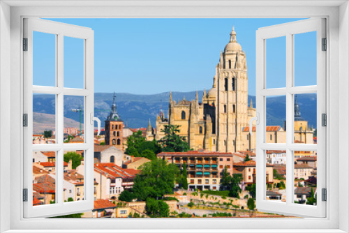 Segovia, Spain. Aerial view of old town Segovia, Spain with clear blue sky and old Cathedral.