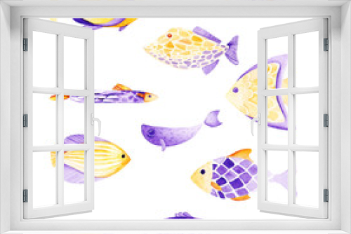 Fototapeta Naklejka Na Ścianę Okno 3D - Watercolor fish set. Ultra violet and gold colors. For children design, print or background