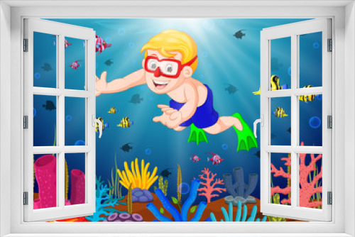 Fototapeta Naklejka Na Ścianę Okno 3D - Cartoon boy diving in the sea