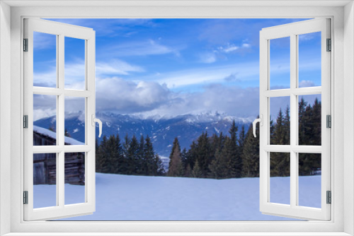 Fototapeta Naklejka Na Ścianę Okno 3D - South tirol snow  mountains landscape and wood cabin winter travel