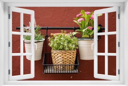 Fototapeta Naklejka Na Ścianę Okno 3D - a trio of plant pots hanging on a wall in Marbella, Spain