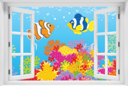 Fototapeta Naklejka Na Ścianę Okno 3D - Vector illustration of brightly colored fishes swimming over a colorful coral reef in a tropical sea