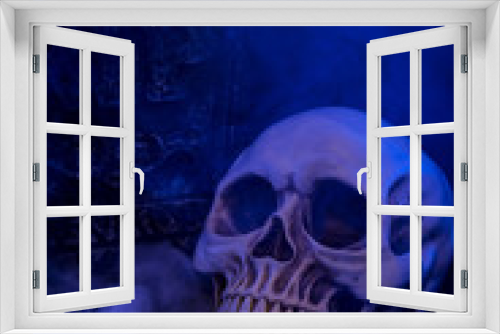 Fototapeta Naklejka Na Ścianę Okno 3D - Halloween, memento mori and death concept with a skull in a cemetery, next to a tombstone with a smoky haze under the night blue light with a vertical crop