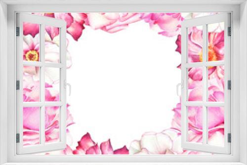 Fototapeta Naklejka Na Ścianę Okno 3D - Watercolor floral frame with white, pink and red peony flowers with white background.