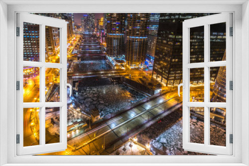 Fototapeta Naklejka Na Ścianę Okno 3D - Chicago night skyline river and buildings