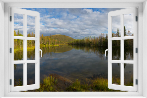 Fototapeta Naklejka Na Ścianę Okno 3D - Reflection lake with forest at sunny day