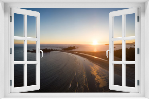 Fototapeta Naklejka Na Ścianę Okno 3D - Aerial panoramic seascape view of the Beautiful Beach on Pacific Coast during a vibrant sunny summer sunset. Taken near Tofino, Vancouver Island, British Columbia, Canada.