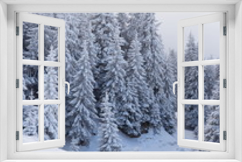 Fototapeta Naklejka Na Ścianę Okno 3D - winter landscape with trees and mountains covered with snow and frost