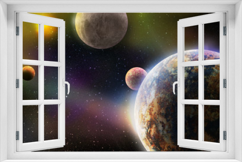 Fototapeta Naklejka Na Ścianę Okno 3D - deep outer space with planets in galaxy system with solar sun and stars in 3d illustration, fantasy or science fiction book cover or wallpaper background design