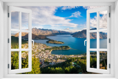 Fototapeta Naklejka Na Ścianę Okno 3D - Queenstown Panorama at golden hour, New Zealand, South Island. View from Queenstown Skyline, main attraction in the alpine city.