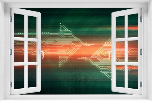 Abstract digital illustration of two microchip board on arrow shape moving opposite each other on green background. Technology concept image. Glitch effect background. Dead pixels noise.