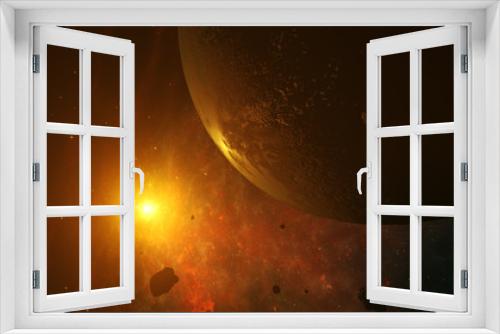 Fototapeta Naklejka Na Ścianę Okno 3D - Flying in space amongst asteroids and planets 3d illustration