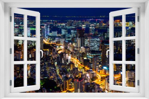 Fototapeta Naklejka Na Ścianę Okno 3D - Asia Business concept for real estate & corporate construction - panoramic modern city skyline of Tokyo Tower and Tokyo Metropolitan Expressway junction with neon night in Roppongi Hill, Tokyo, Japan