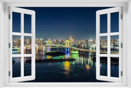 Fototapeta Naklejka Na Ścianę Okno 3D - Asia Business concept for real estate & corporate construction - panoramic modern city skyline view  of tokyo tower & rainbow bridge with neon night in Odaiba, Tokyo, Japan.