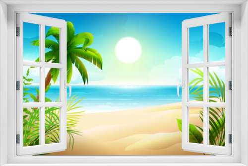 Fototapeta Naklejka Na Ścianę Okno 3D - Sunny day on tropical sandy beach. Palm trees and sea paradise holidays