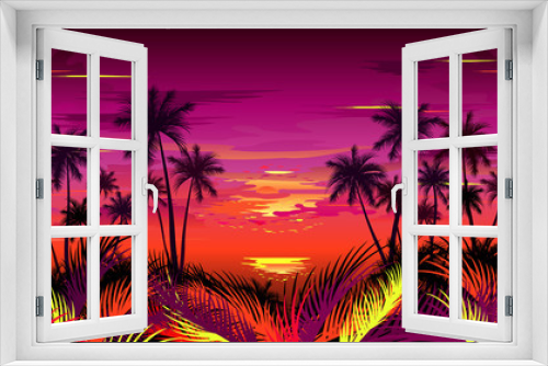 Fototapeta Naklejka Na Ścianę Okno 3D - Sunset on tropical beach with palm trees and jungle foliage. Hand drawn vector illustration.