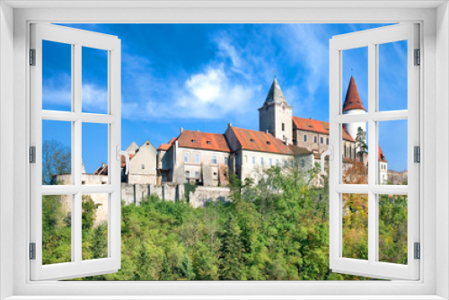 Fototapeta Naklejka Na Ścianę Okno 3D - medieval gothic royal castle with ramparts Krivoklat near Rakovnik, Central Bohemia region, Czech republic. National cultural landmark.