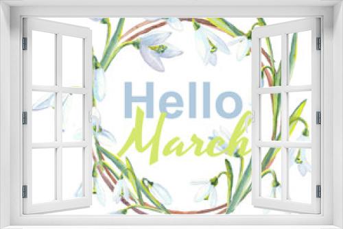 Fototapeta Naklejka Na Ścianę Okno 3D - Watercolor snowdrop wreath, Hello March