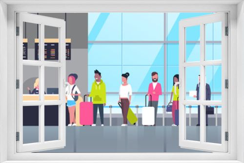 Check In Airport Group Of Mix Race Passengers Standing In Queue To Counter, Departures Board Concept Flat Vector Illustration
