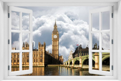 Fototapeta Naklejka Na Ścianę Okno 3D - UK - Cities - Scene of Big Ben and Palace of Westminster seen from South Bank, Dramatic Sky present in the background.