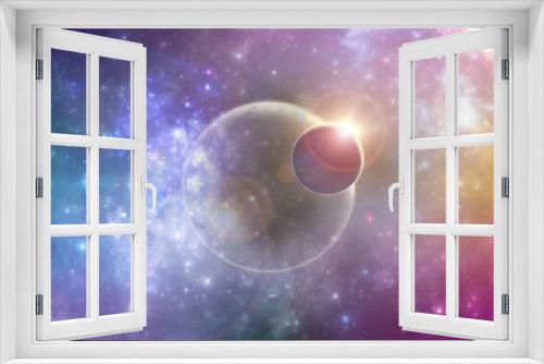 Fototapeta Naklejka Na Ścianę Okno 3D - Fantasy deep space planets in colorful celestial clouds, 3D illustration