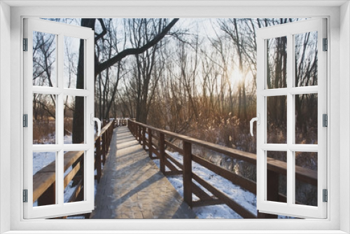 Fototapeta Naklejka Na Ścianę Okno 3D - деревянная дорожка в зимнем парке