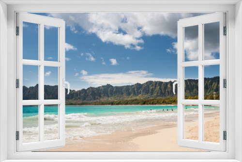 Fototapeta Naklejka Na Ścianę Okno 3D - Bellows Beach Morning, Oahu Hawaiian Islands, with sunshine, sky, mountains and clouds