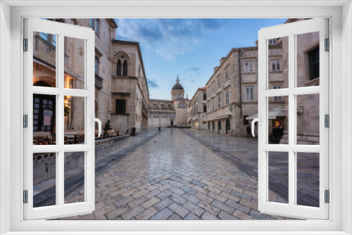 Fototapeta Naklejka Na Ścianę Okno 3D - Old City of Dubrovnik, amazing view of medieval architecture along the stone street, tourist route in historic center. The world famous and most visited city of Croatia, UNESCO World Heritage site
