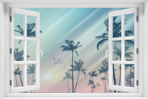 Fototapeta Naklejka Na Ścianę Okno 3D - Silhouette of tropical palm trees at sunset or sunrise, with cl