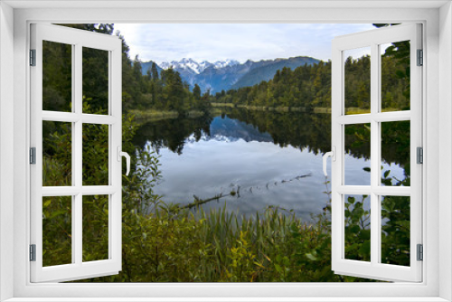 Fototapeta Naklejka Na Ścianę Okno 3D - Nature scenery with peaceful lake of pristine clear water and mountain mirror reflection, New Zealand Landscape, Southern Alps Glaciers 