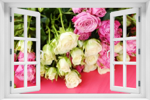 Fototapeta Naklejka Na Ścianę Okno 3D - Beautiful bouquet of white and pink roses on pink background 