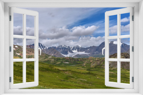 Fototapeta Naklejka Na Ścianę Okno 3D - mountains glacier grass sky clouds