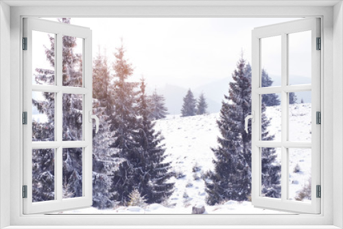 Fototapeta Naklejka Na Ścianę Okno 3D - Winter wonderland snow on fir trees 
