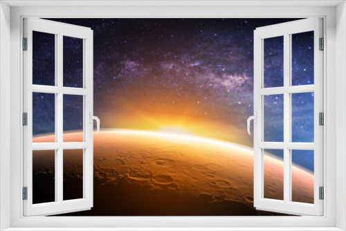 Fototapeta Naklejka Na Ścianę Okno 3D - Landscape with Milky way galaxy. Sunrise and planet view from space with Milky way galaxy. (Elements of this image furnished by NASA)