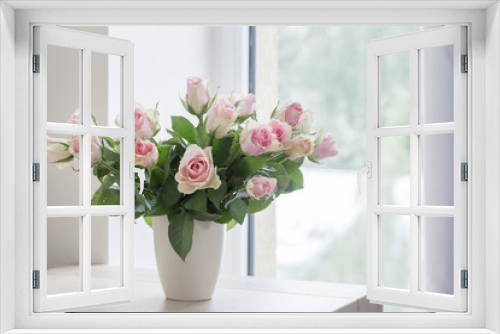 Fototapeta Naklejka Na Ścianę Okno 3D - pink roses in vase on  background window